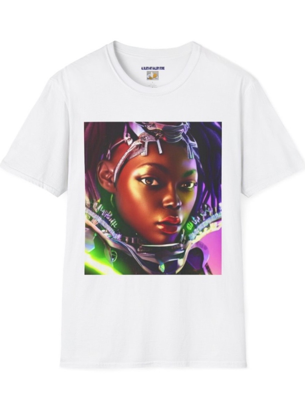 Design by the artist, Al Blue White Tee with Futuristic Portrait Graphic